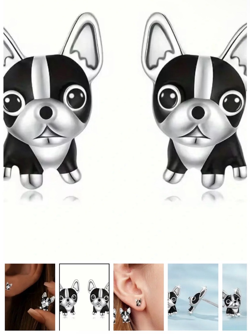 Cute Black & Silver Dog Stud Earrings - Picture 2 of 5